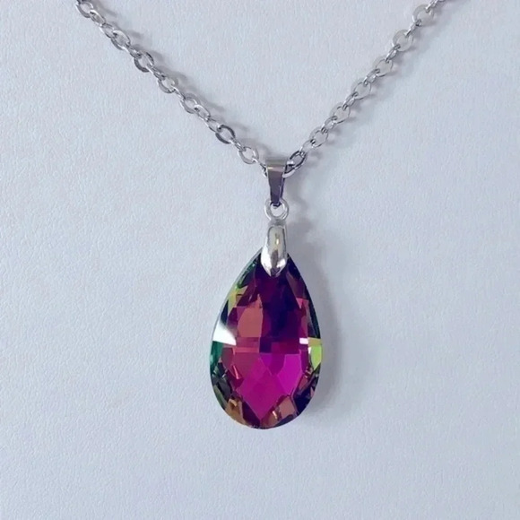 Aurora Crystal Teardrop Stainless Steel Necklace NWT - Picture 1 of 3